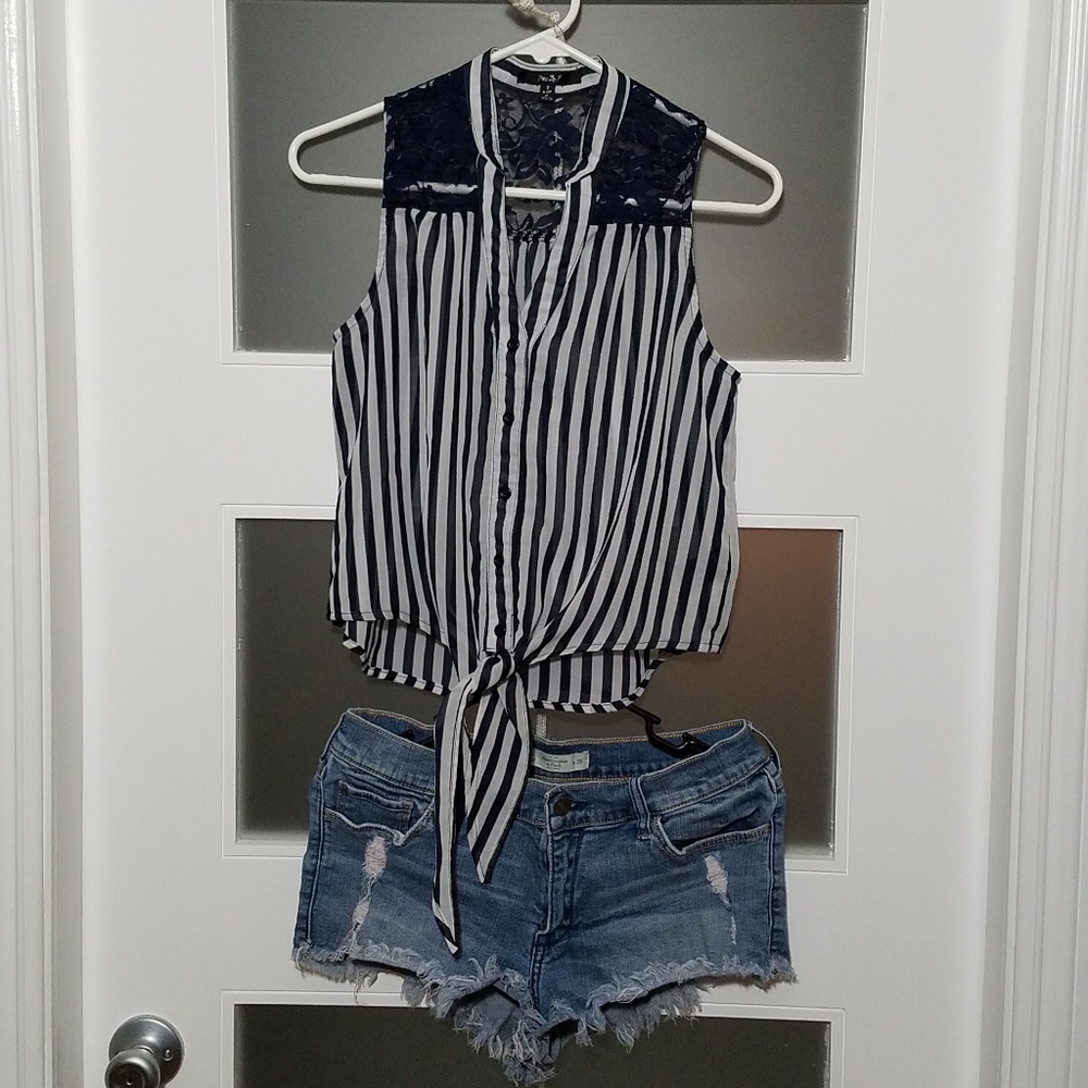 Papaya V-neck Sheer Floral White & Blue Stripes